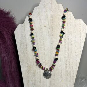Multicolor Beaded Necklace with Silver Pendant